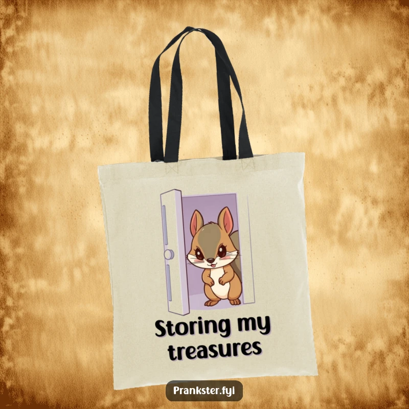 Funny tote bag featuring a sneaky squirrel peeking from a partially opened door, perfect for carrying everyday items discreetly.
