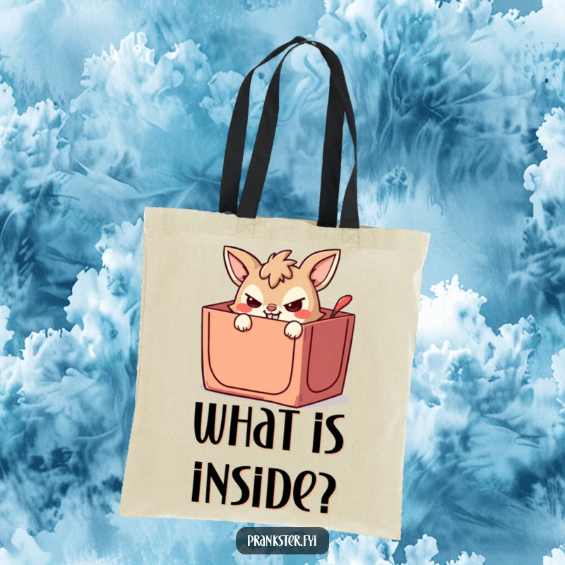 Funny tote bag showcasing a mischievous animal character emerging from a jack-in-the-box with a wicked grin.